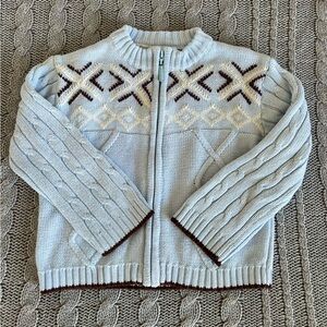 Light Blue Knit Zip Sweater with Fair Isle Trim